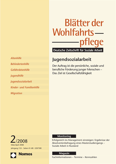 Cover der Ausgabe: Blätter der Wohlfahrtspflege (BdW) Jahrgang 155 (2008), Heft 2