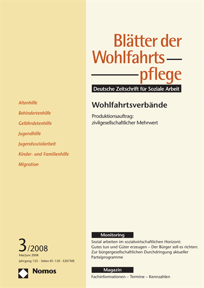 Cover der Ausgabe: Blätter der Wohlfahrtspflege (BdW) Jahrgang 155 (2008), Heft 3