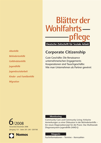 Cover der Ausgabe: Blätter der Wohlfahrtspflege (BdW) Jahrgang 155 (2008), Heft 6
