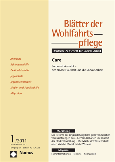 Cover der Ausgabe: Blätter der Wohlfahrtspflege (BdW) Jahrgang 158 (2011), Heft 1
