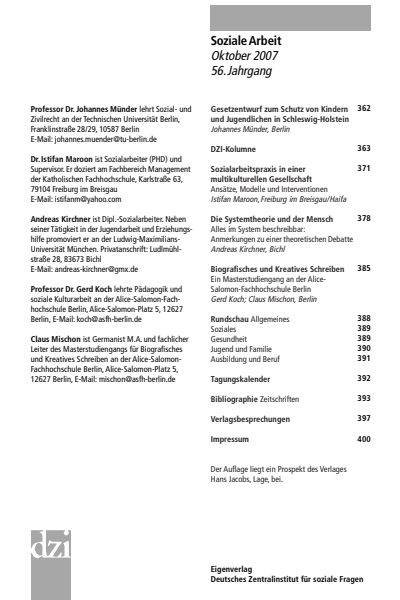 Cover der Ausgabe: Soziale Arbeit Jahrgang 56 (2007), Heft 10