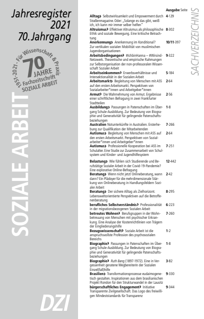 Cover der Ausgabe: Soziale Arbeit Jahrgang 70 (2021), Heft Jahresregister