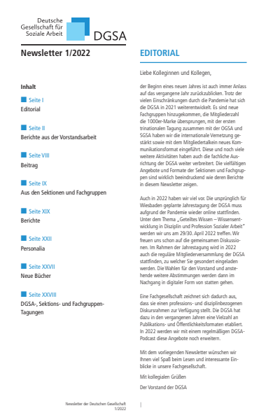 Cover der Ausgabe: Soziale Arbeit Jahrgang 71 (2022), Heft DGSA Newsletter 1