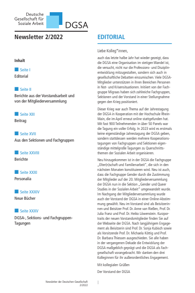 Cover der Ausgabe: Soziale Arbeit Jahrgang 71 (2022), Heft 7 DGSA Newsletter