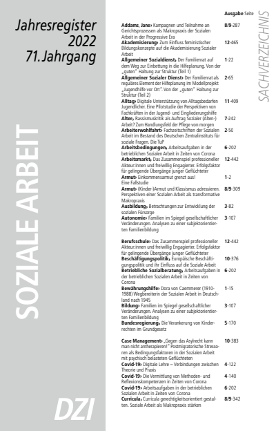 Cover der Ausgabe: Soziale Arbeit Jahrgang 71 (2022), Heft Jahresregister