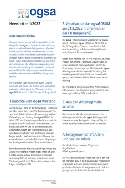 Cover der Ausgabe: Soziale Arbeit Jahrgang 71 (2022), Heft ogsa Newsletter 1