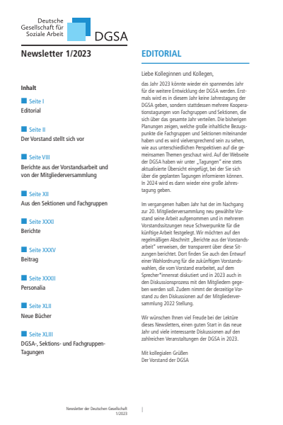 Cover der Ausgabe: Soziale Arbeit Jahrgang 72 (2023), Heft 1 DGSA Newsletter
