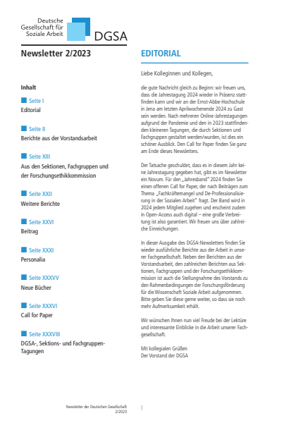 Cover der Ausgabe: Soziale Arbeit Jahrgang 72 (2023), Heft 7 DGSA Newsletter