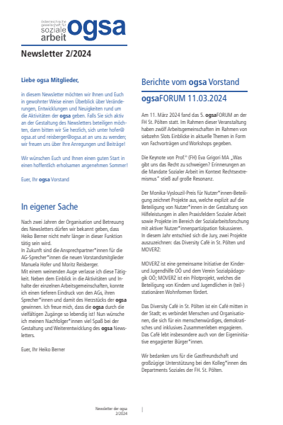 Cover der Ausgabe: Soziale Arbeit Jahrgang 73 (2024), Heft 7 ogsa Newsletter