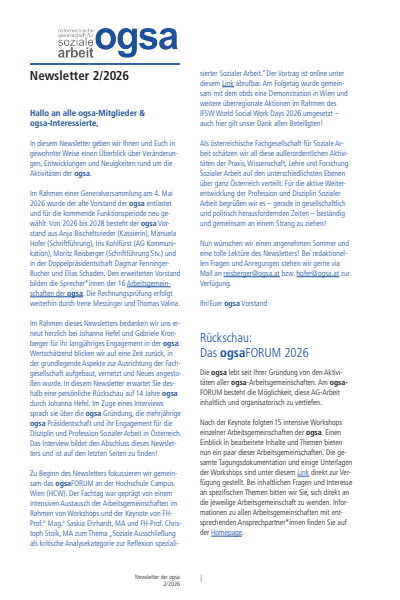 Cover der Ausgabe: Soziale Arbeit Jahrgang 75 (2026), Heft 2 ogsa Newsletter