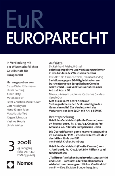 Cover of Volume: Europarecht (EuR) Volume 43 (2008), Edition 3