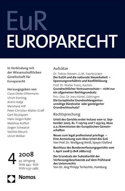 Cover of Volume: Europarecht (EuR) Volume 43 (2008), Edition 4
