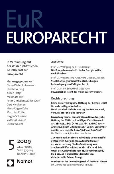Cover of Volume: Europarecht (EuR) Volume 44 (2009), Edition 5