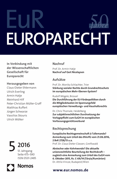 Cover of Volume: Europarecht (EuR) Volume 51 (2016), Edition 5