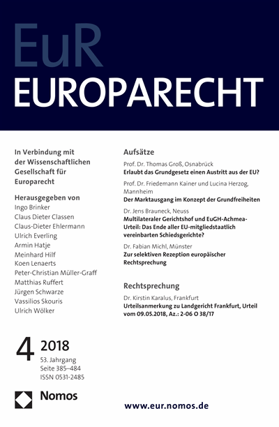 Cover of Volume: Europarecht (EuR) Volume 53 (2018), Edition 4