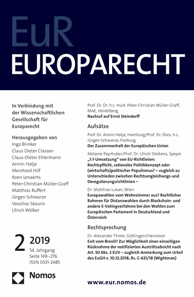 Cover of Volume: Europarecht (EuR) Volume 54 (2019), Edition 2