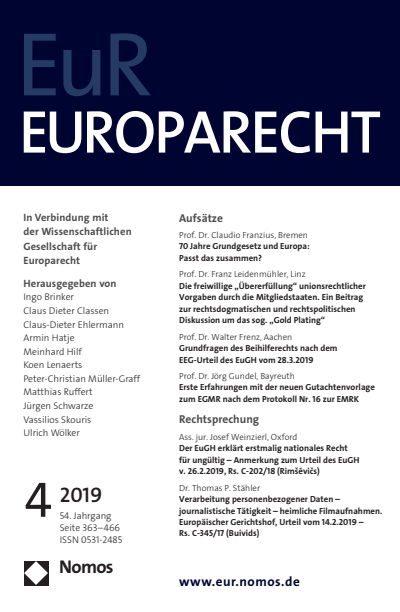 Cover of Volume: Europarecht (EuR) Volume 54 (2019), Edition 4