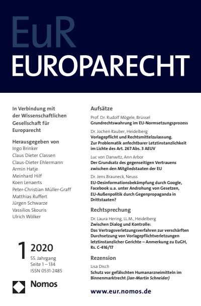 Cover of Volume: Europarecht (EuR) Volume 55 (2020), Edition 1