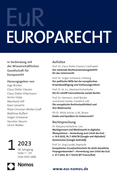Cover der Ausgabe: Europarecht (EuR) Jahrgang 58 (2023), Heft 1