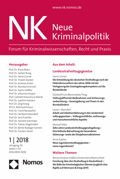 Cover der Ausgabe: NK Neue Kriminalpolitik Jahrgang 30 (2018), Heft 1