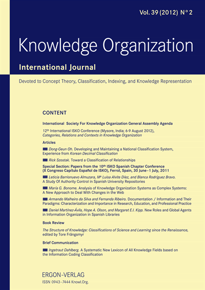 Cover of Volume: KO KNOWLEDGE ORGANIZATION Volume 39 (2012), Edition 2