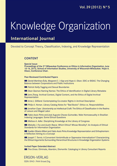 Cover der Ausgabe: KO KNOWLEDGE ORGANIZATION Jahrgang 39 (2012), Heft 5