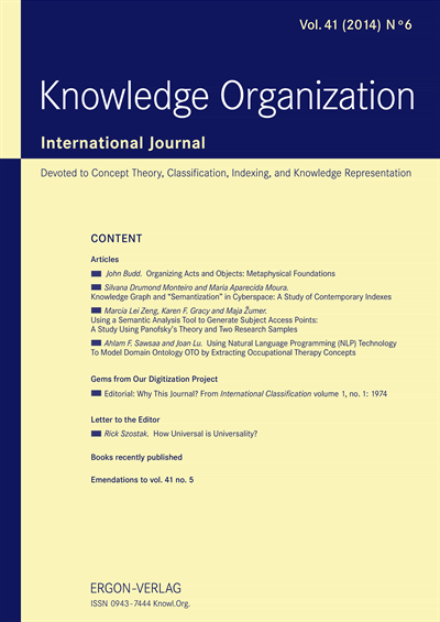 Cover der Ausgabe: KO KNOWLEDGE ORGANIZATION Jahrgang 41 (2014), Heft 6