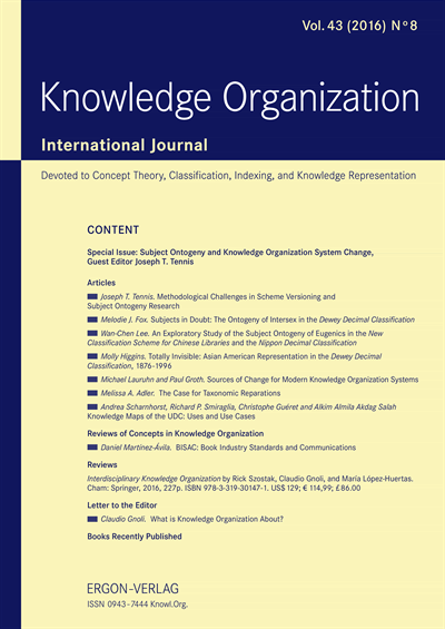 Cover der Ausgabe: KO KNOWLEDGE ORGANIZATION Jahrgang 43 (2016), Heft 8