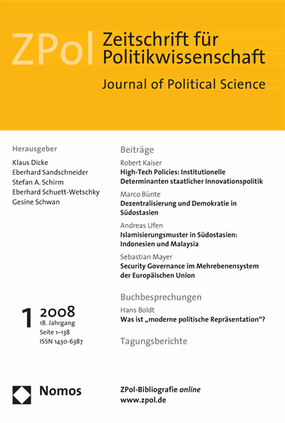 Cover der Ausgabe: ZPol Zeitschrift für Politikwissenschaft Jahrgang 18 (2008), Heft 1