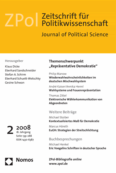 Cover der Ausgabe: ZPol Zeitschrift für Politikwissenschaft Jahrgang 18 (2008), Heft 2