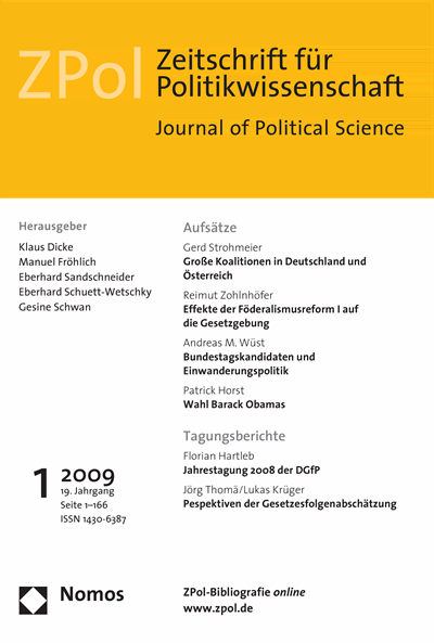 Cover der Ausgabe: ZPol Zeitschrift für Politikwissenschaft Jahrgang 19 (2009), Heft 1