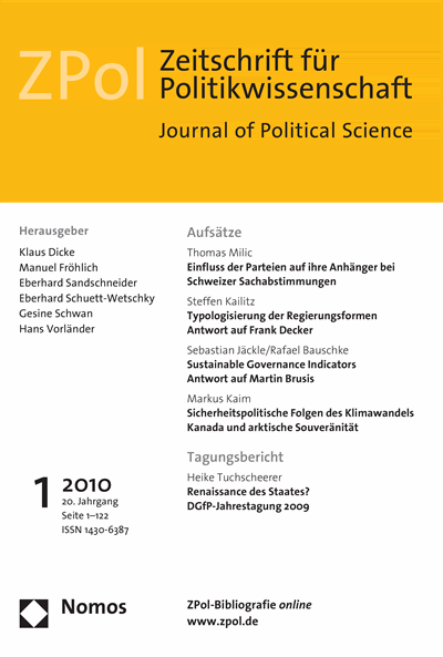 Cover der Ausgabe: ZPol Zeitschrift für Politikwissenschaft Jahrgang 20 (2010), Heft 1