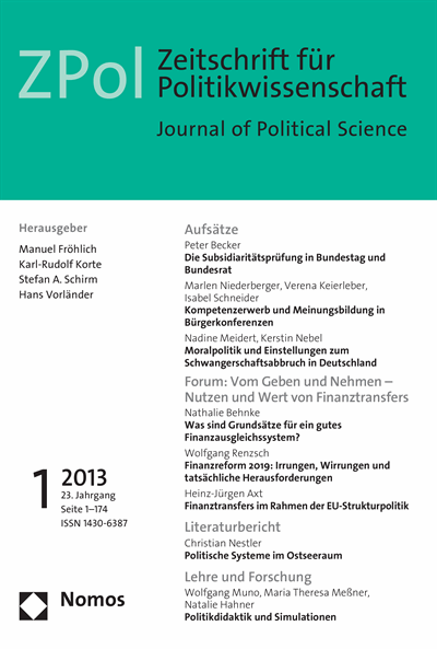 Cover der Ausgabe: ZPol Zeitschrift für Politikwissenschaft Jahrgang 23 (2013), Heft 1