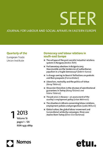 Cover der Ausgabe: SEER Journal for Labour and Social Affairs in Eastern Europe Jahrgang 16 (2013), Heft 1