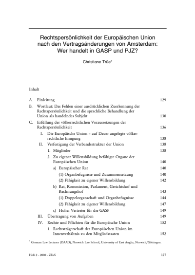 Cover der Ausgabe: ZEuS Zeitschrift für Europarechtliche Studien Jahrgang 3 (2000), Heft 2