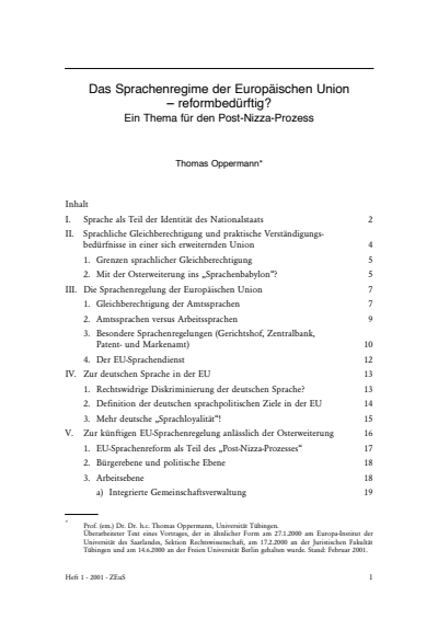 Cover der Ausgabe: ZEuS Zeitschrift für Europarechtliche Studien Jahrgang 4 (2001), Heft 1