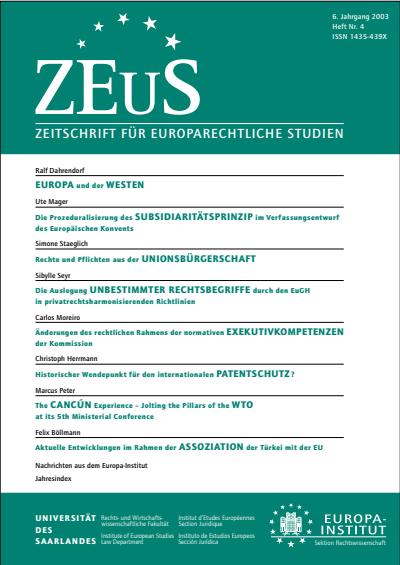 Cover der Ausgabe: ZEuS Zeitschrift für Europarechtliche Studien Jahrgang 6 (2003), Heft 4
