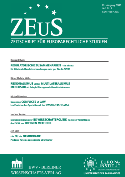 Cover der Ausgabe: ZEuS Zeitschrift für Europarechtliche Studien Jahrgang 10 (2007), Heft 3
