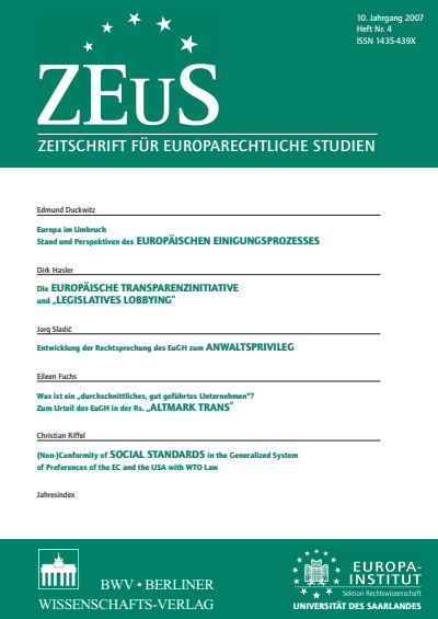 Cover der Ausgabe: ZEuS Zeitschrift für Europarechtliche Studien Jahrgang 10 (2007), Heft 4