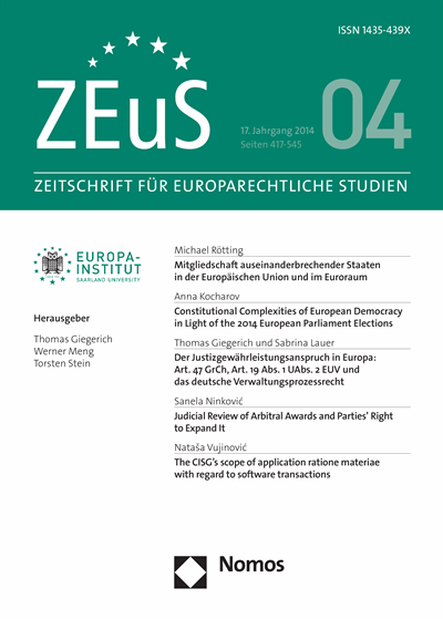 Cover of Volume: ZEuS Zeitschrift für Europarechtliche Studien Volume 17 (2014), Edition 4