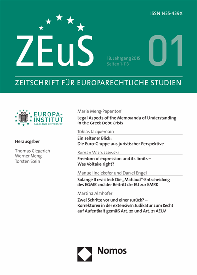 Cover of Volume: ZEuS Zeitschrift für Europarechtliche Studien Volume 18 (2015), Edition 1