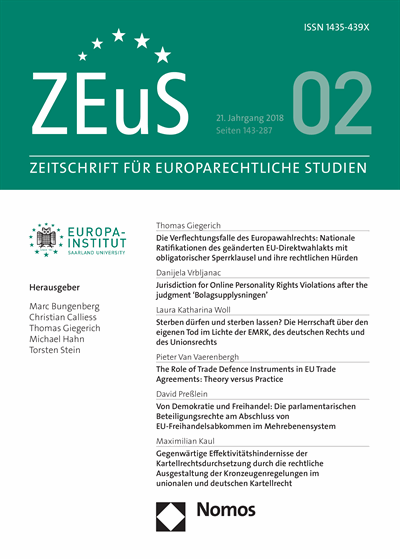 Cover of Volume: ZEuS Zeitschrift für Europarechtliche Studien Volume 21 (2018), Edition 2