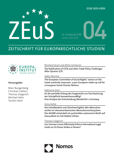 Cover der Ausgabe: ZEuS Zeitschrift für Europarechtliche Studien Jahrgang 22 (2019), Heft 4