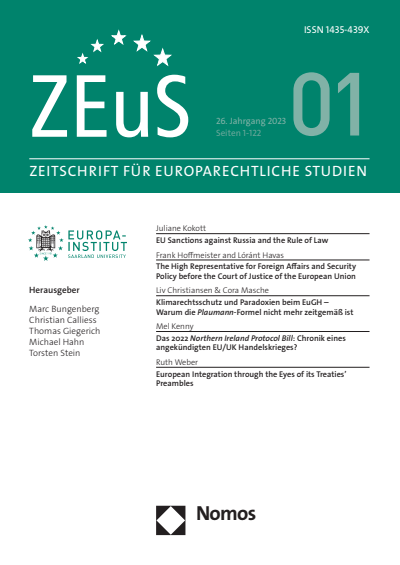 Cover der Ausgabe: ZEuS Zeitschrift für Europarechtliche Studien Jahrgang 26 (2023), Heft 1