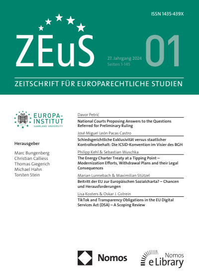 Cover der Ausgabe: ZEuS Zeitschrift für Europarechtliche Studien Jahrgang 27 (2024), Heft 1