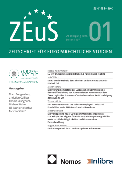 Cover der Ausgabe: ZEuS Zeitschrift für Europarechtliche Studien Jahrgang 29 (2026), Heft 1
