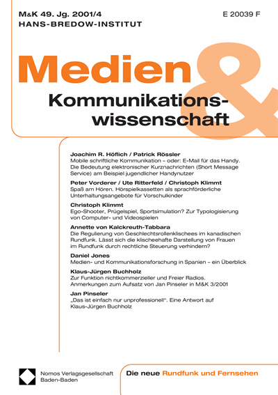 Cover der Ausgabe: M&K Medien & Kommunikationswissenschaft Jahrgang 49 (2001), Heft 4