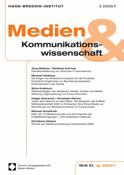 Cover der Ausgabe: M&K Medien & Kommunikationswissenschaft Jahrgang 51 (2003), Heft 1