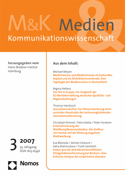 Cover der Ausgabe: M&K Medien & Kommunikationswissenschaft Jahrgang 55 (2007), Heft 3