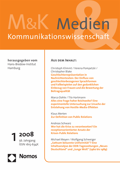 Cover der Ausgabe: M&K Medien & Kommunikationswissenschaft Jahrgang 56 (2008), Heft 1